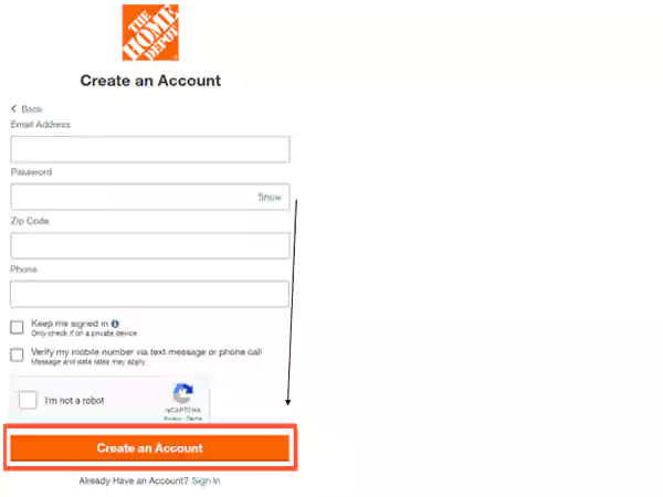 Creating an account on Home Depot